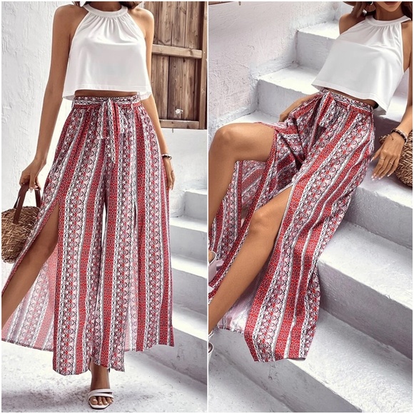 Boho Halter Top Print Wide leg Slit Pants - Picture 2 of 4